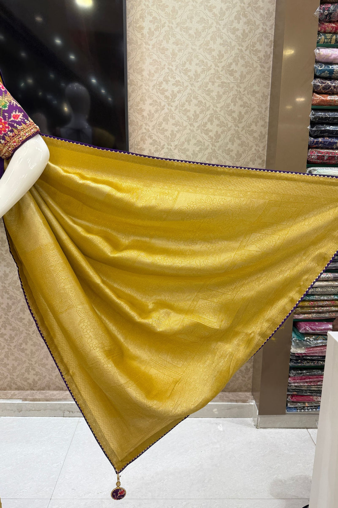 Mustard Saree with Purple Beads, Zari and Sequins work with Pochampally Print Blouse