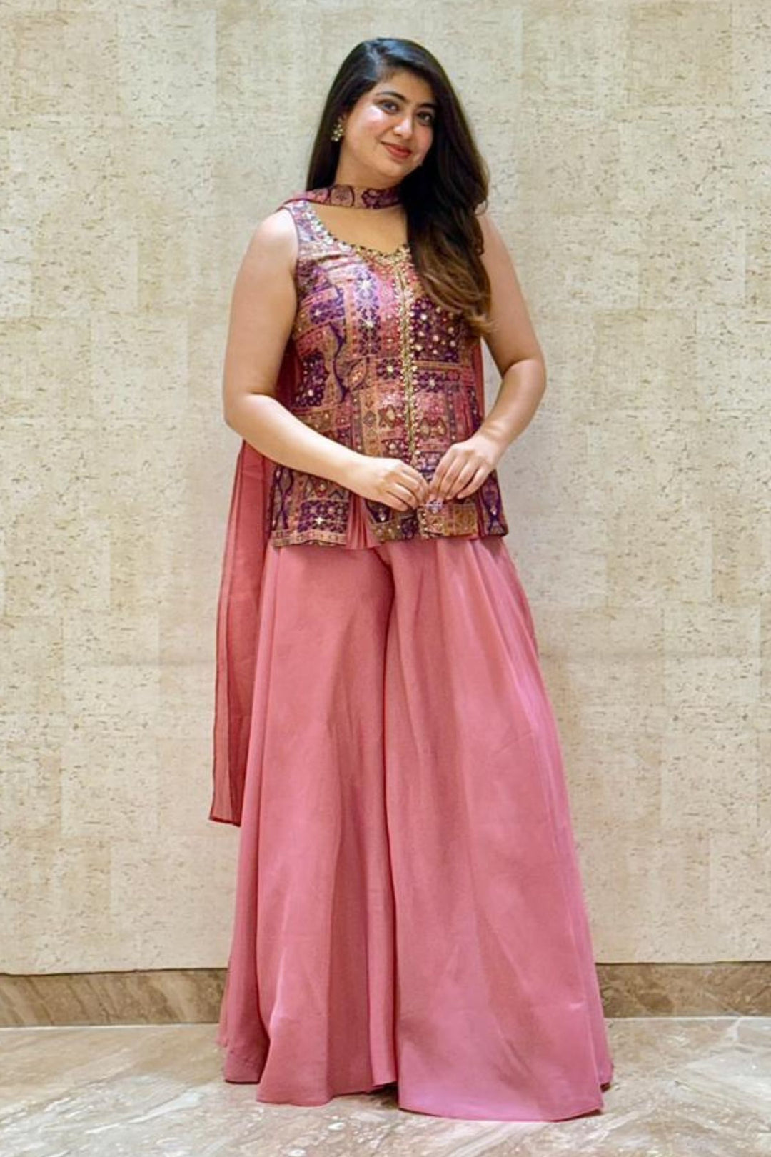 Onion Pink Banaras Brocade work Top with Flared Palazzo Set