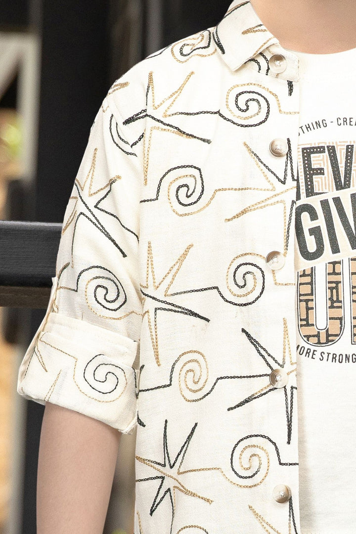 Cream Blazer, Printed T-Shirt and Black Pant Set for Boys