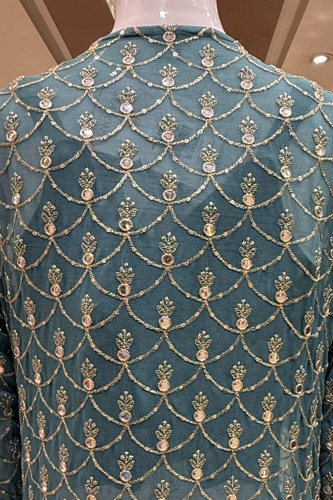 Green Mirror, Zardozi, Sequins and Beads work Overcoat Styled Palazzo Suit Set