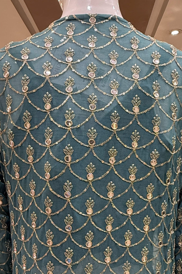 Green Mirror, Zardozi, Sequins and Beads work Overcoat Styled Palazzo Suit Set