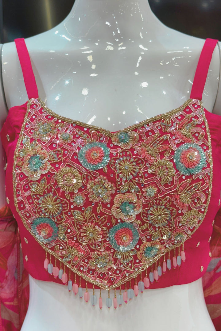 Rani Pink with Multicolor Digital Print Overcoat Styled Palazzo Suit Set