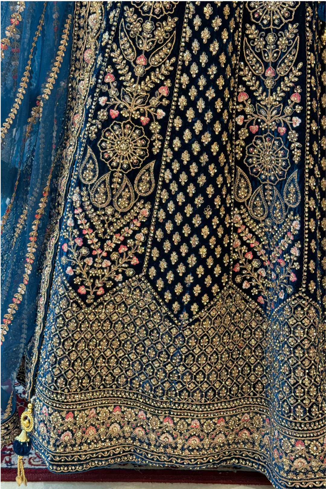 Peacock Blue Zardozi, Beads and Embroidery work Crop Top Designer Bridal Lehenga