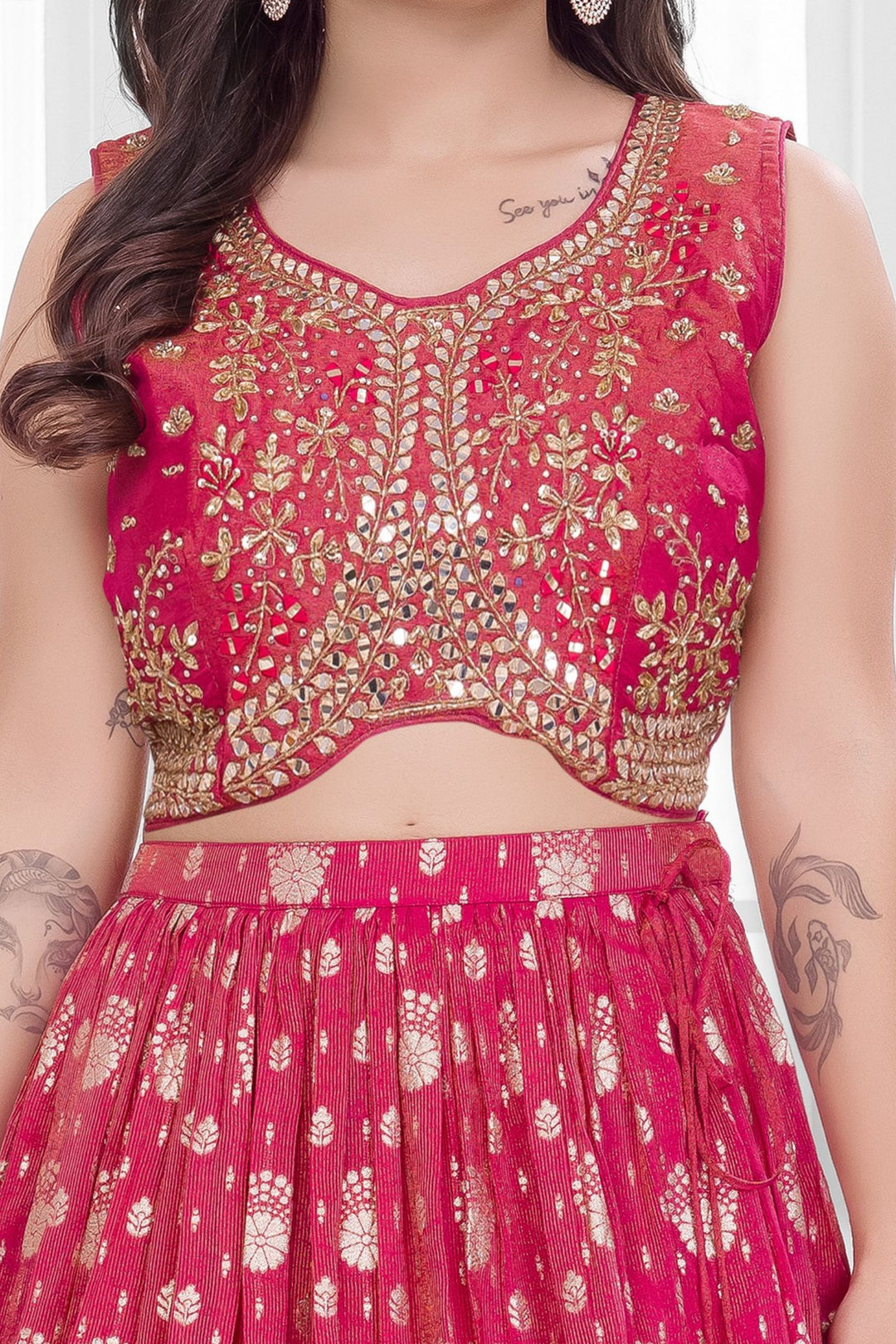 Rani Pink Mirror, Stone and Zari work Lehenga Choli for Girls