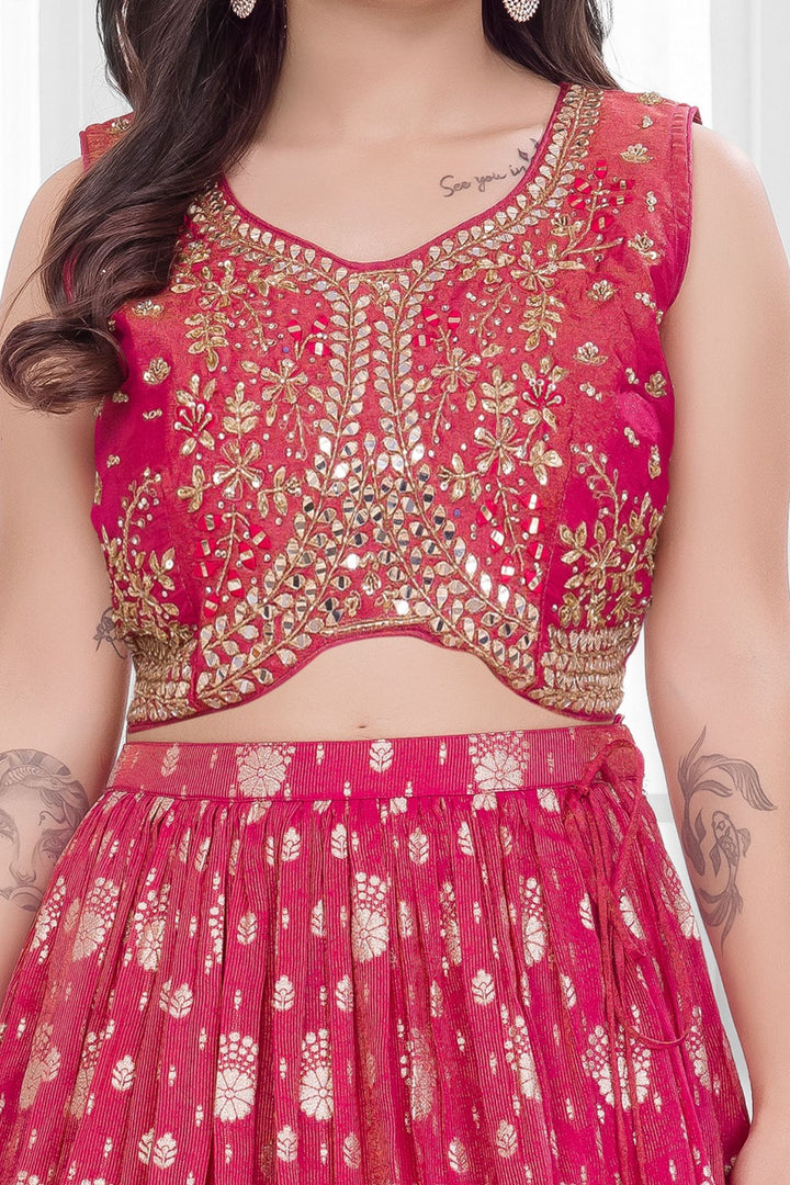 Rani Pink Mirror, Stone and Zari work Lehenga Choli for Girls