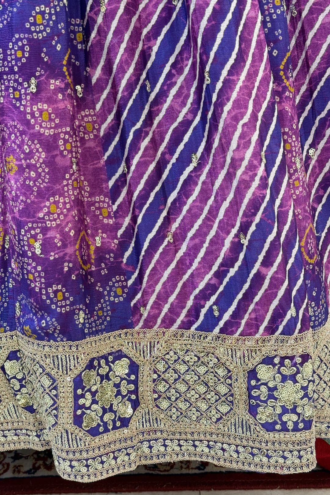 Purple Zari, Sequins and Beads work with Bandini and Leheriya Print Crop Top Lehenga