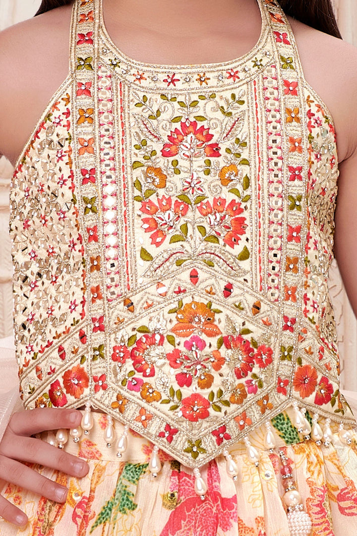 Cream Mirror, Stone and Beads work with Multicolor Digital Print Lehenga Choli for Girls