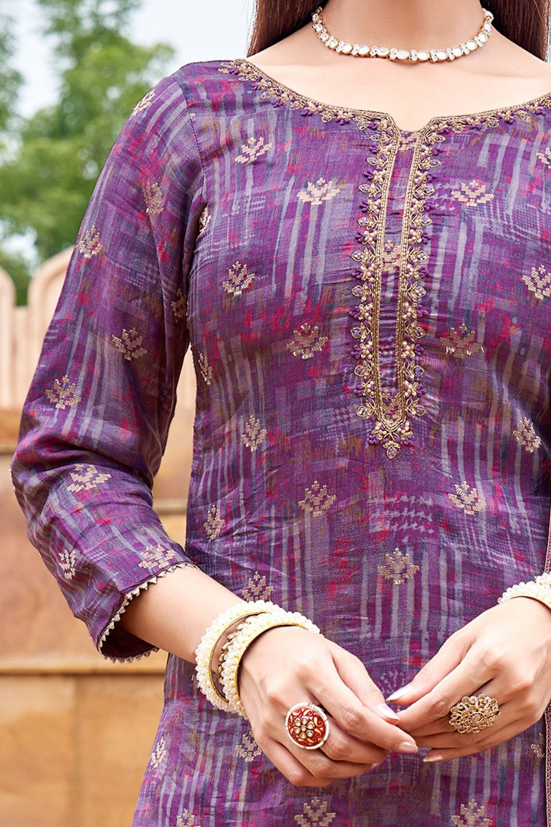 Purple Mirror, Zari, Beads, Stone and Banaras work with Digital Print Palazzo Salwar Suit