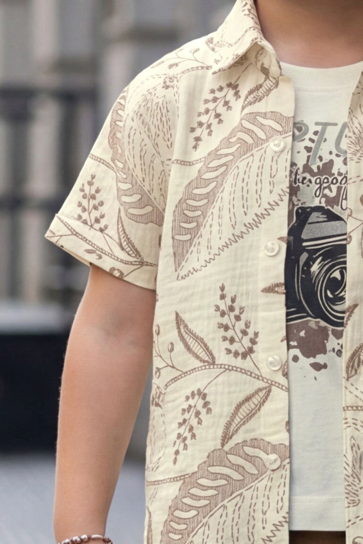 Cream with Brown Digital Print Co-Ord Set for Boys