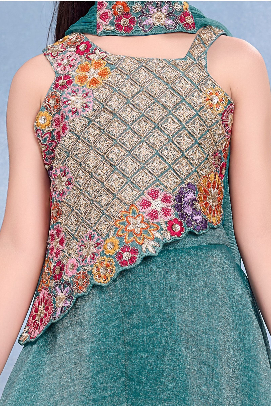 Green Multicolor Embroidery, Sequins, Zari and Beads work Palazzo Suit Set for Girls