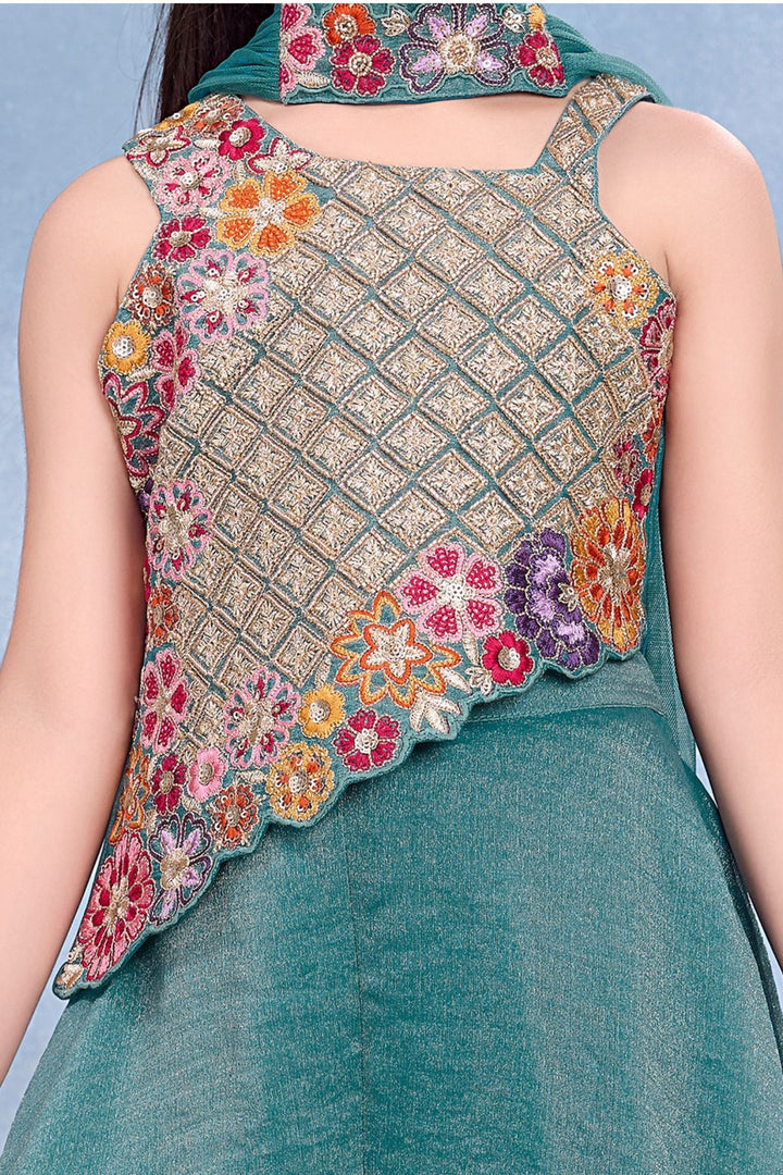 Green Multicolor Embroidery, Sequins, Zari and Beads work Palazzo Suit Set for Girls