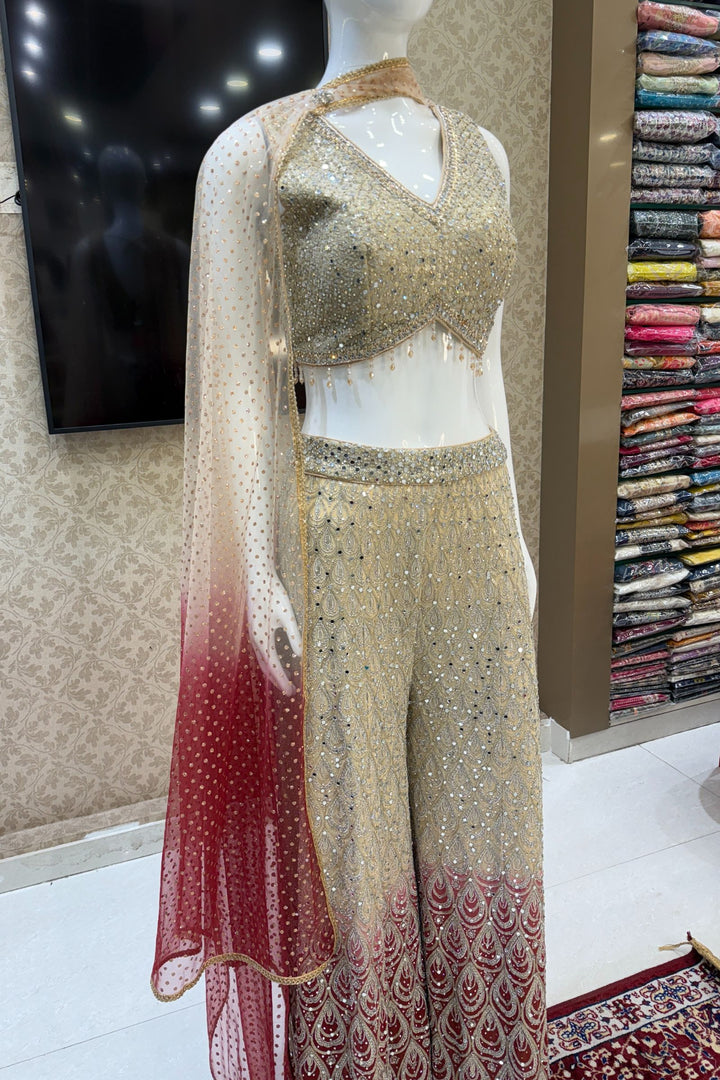 Beige with Maroon Sequins, Zardozi, Beads and Stone work Crop Top with Palazzo Pant