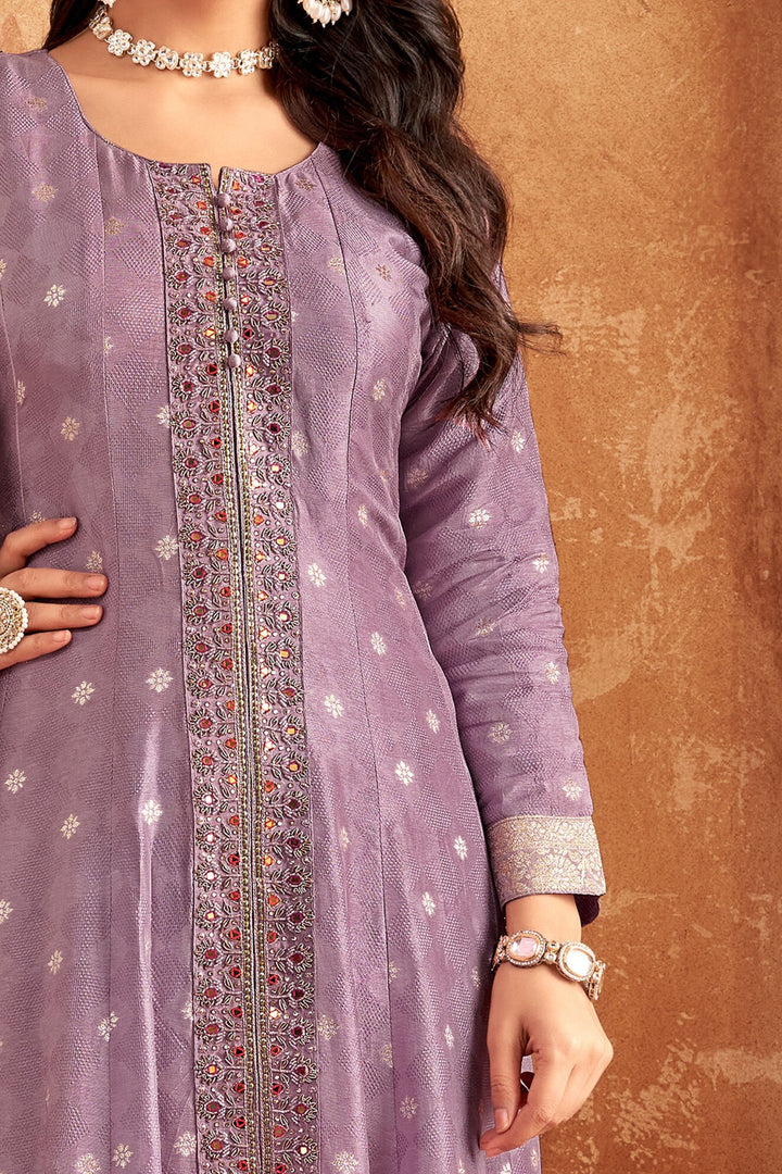 Lavender Banaras, Zardozi, Stone and Beads work Salwar Suit with Straight Pants