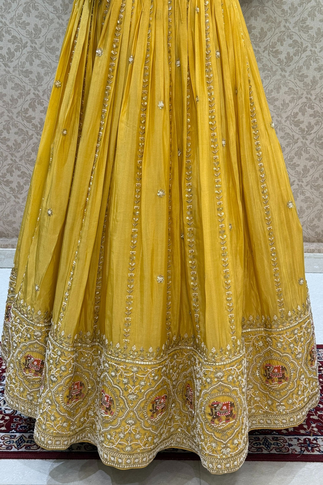 Yellow Zardozi, Beads, Thread, Sequins and Zari work Crop Top Lehenga