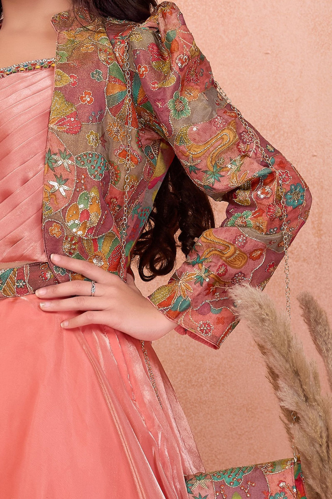 Peach Sequins and Zari work with Multicolor Digital Print Jacket Styled Lehenga Choli for Girls