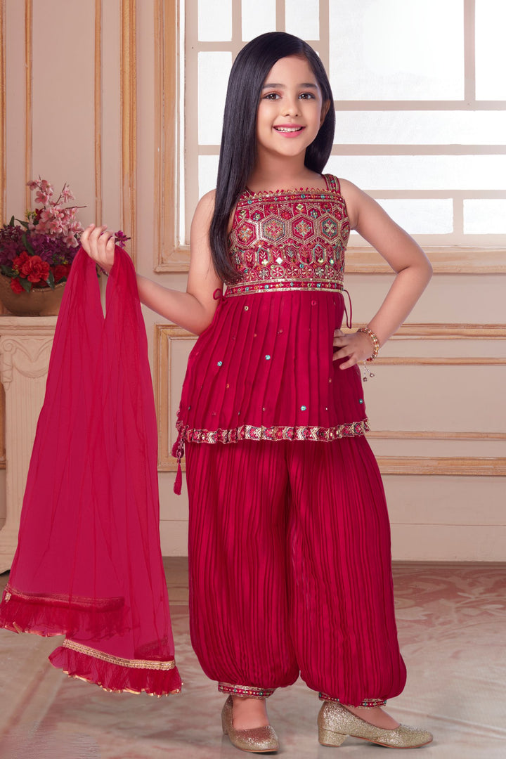 Rani Pink Zari, Sequins and Thread work Peplum Top and Afghani Set for Girls