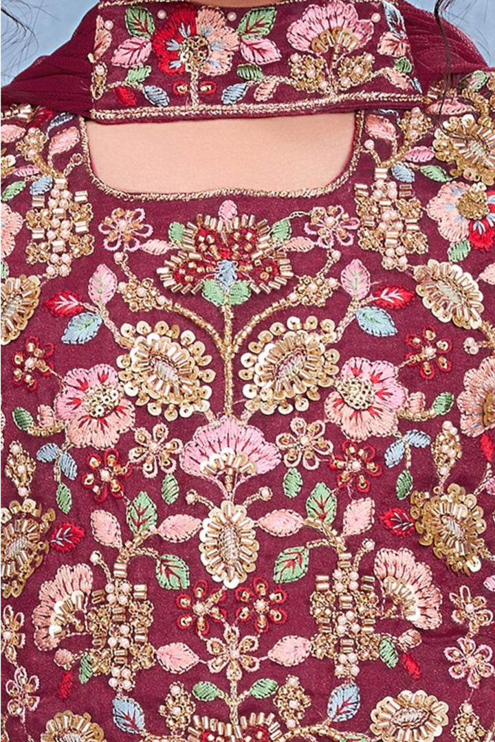 Magenta Beads and Embroidery work Palazzo Suit Set for Girls