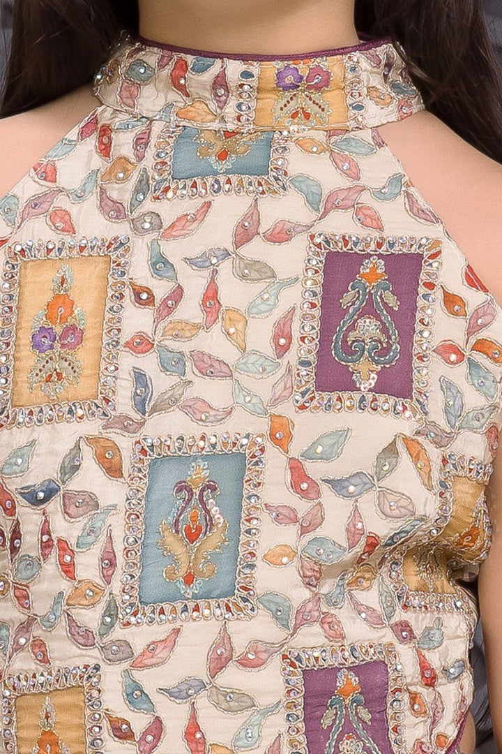 Cream with Purple Girls Palazzo Set with Printed Halter Top