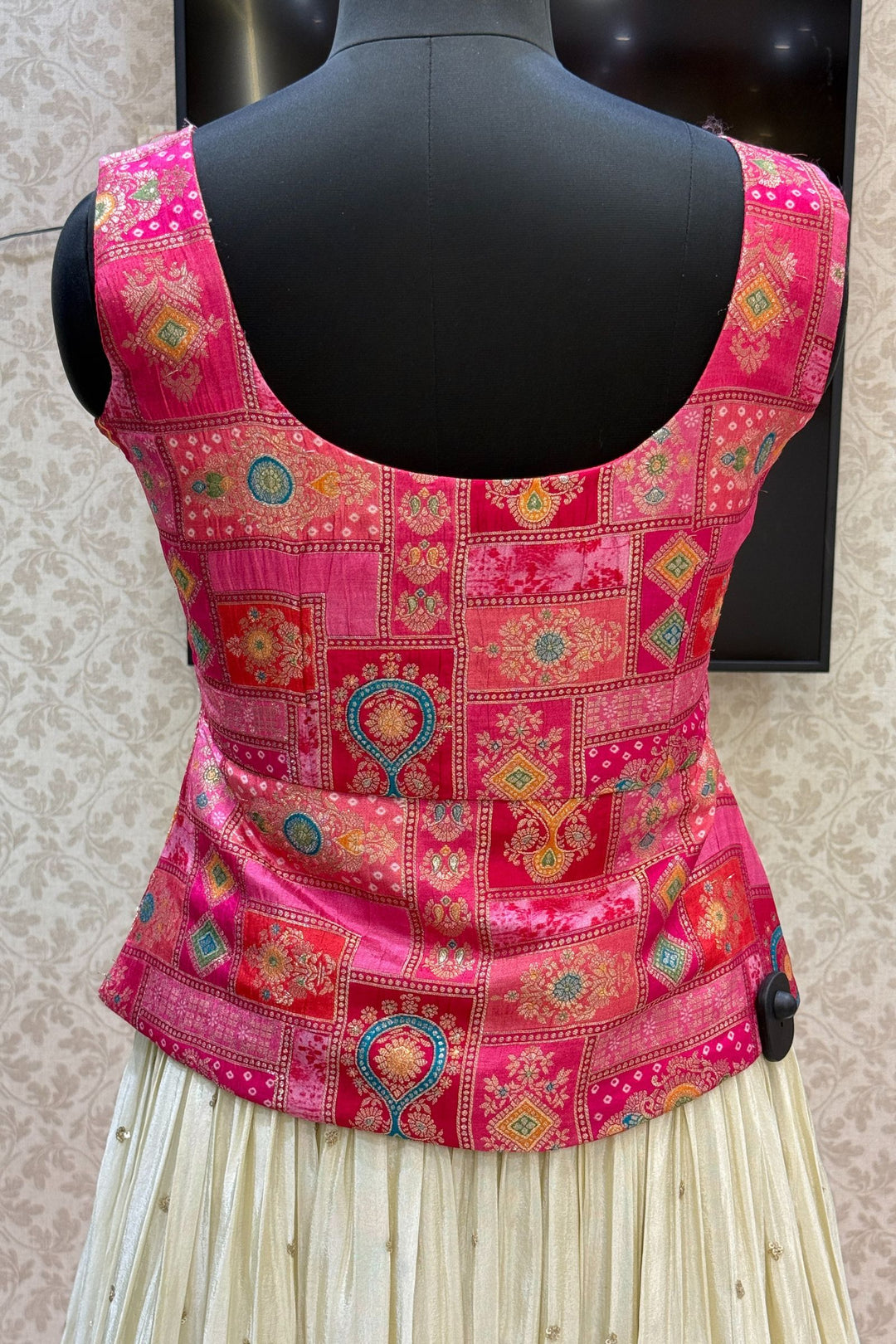 Rani Pink with Cream Banaras, Beads, Sequins, Zari and Stone work Peplum Style Lehenga