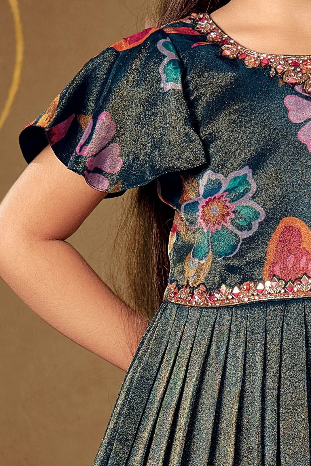 Peacock Blue Mirror, Stone, Sequins and Beads work with Floral Print Long Party Gown for Girls