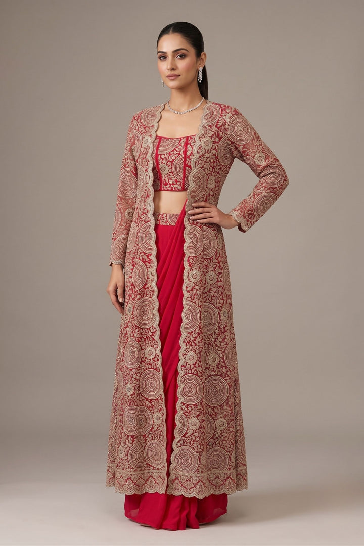 Rani Pink Drape Style Lehenga with Sequins, Stone and Zari work Long Overcoat