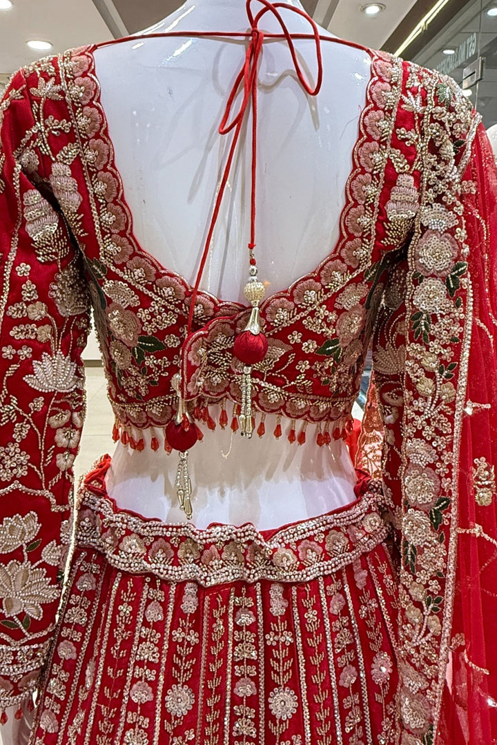 Red Beads, Embroidery, Zari, Sequins and Zardozi work Crop Top Designer Bridal Lehenga