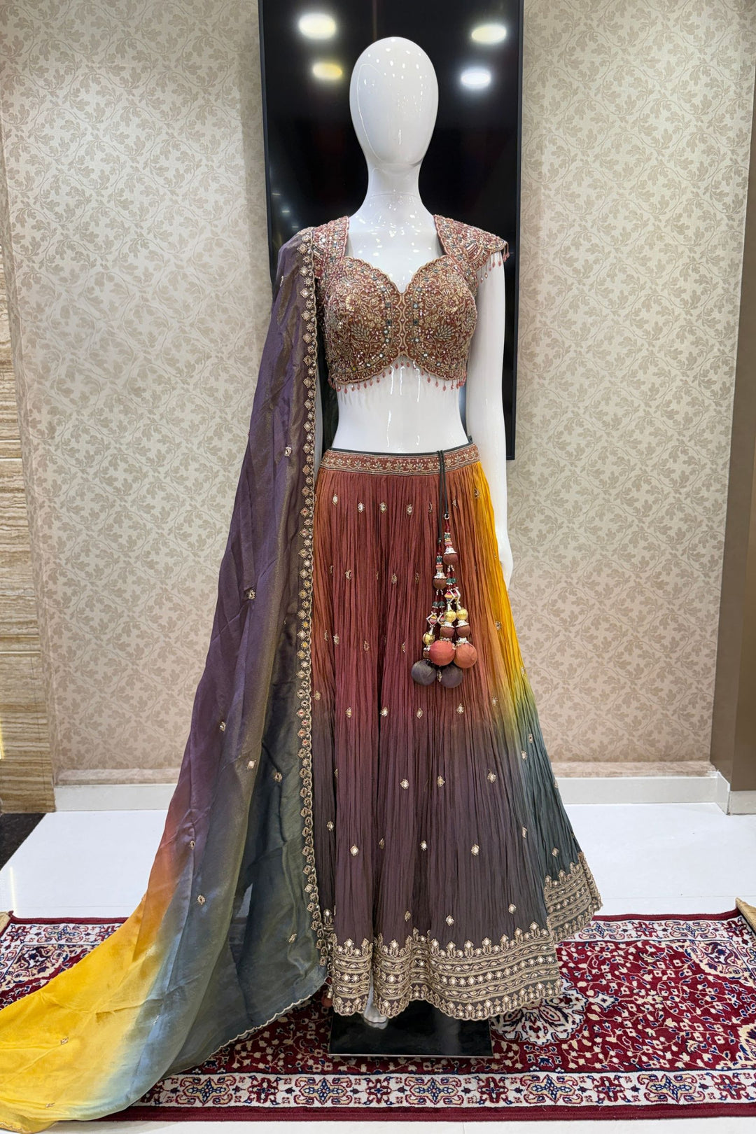 Designer Lehenga with Intricate Mirror, Stone, Sequins, Zari and Beads work