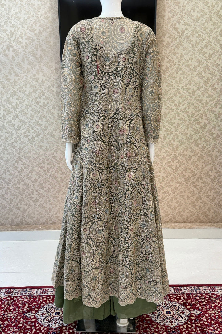 Olive Green Drape Style Lehenga with Sequins, Stone and Zari work Long Overcoat