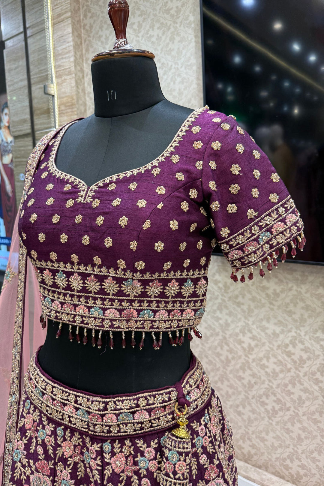 Designer Bridal Wine Lehenga with Rich Multicolor Embroidery, Stone and Beads Work