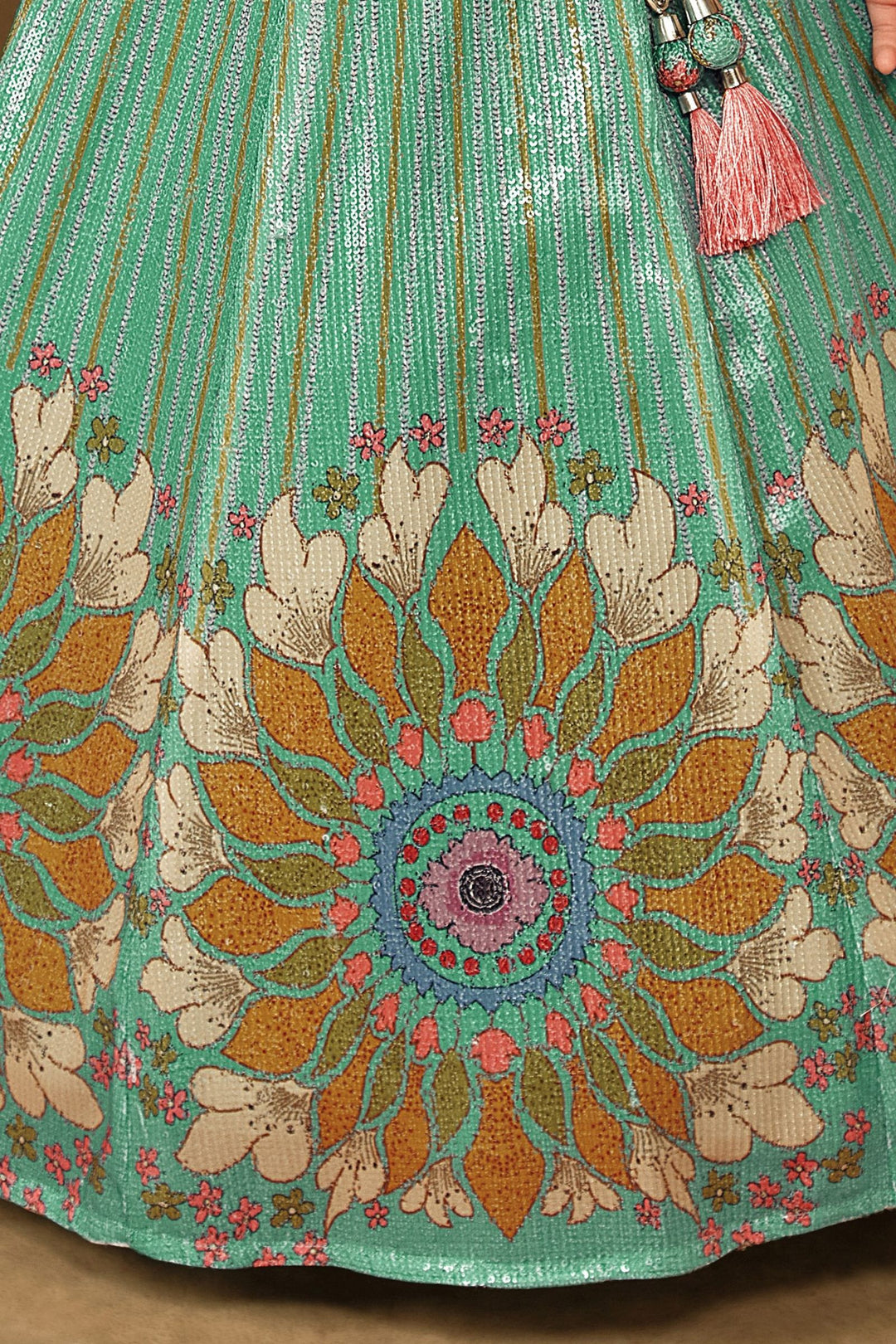 Rama Blue Digital Print, Sequins and Thread work Lehenga Choli for Girls