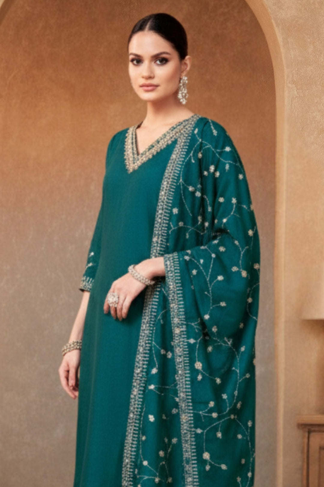 Teal Blue Beads, Pearl, Zardozi, Stone, Zari and Sequins work Aline Cut Salwar Suit