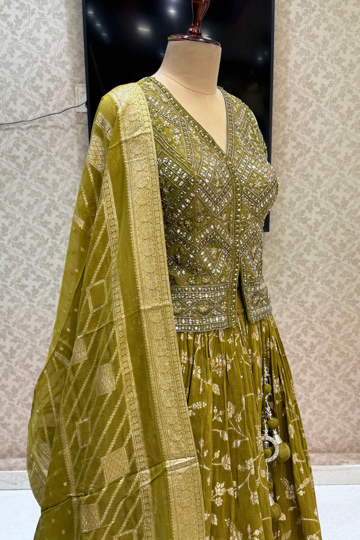 Mehendi Green Mirror, Beads, Sequins, Zardozi and Banaras work Peplum Style Lehenga