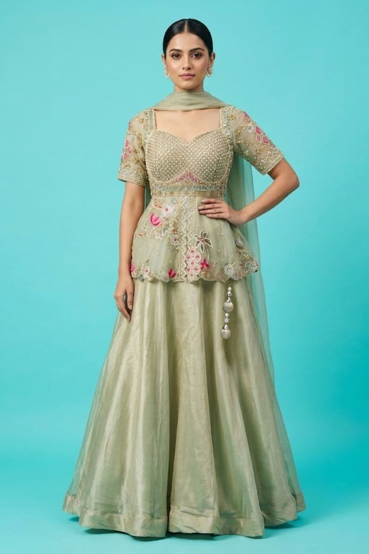 Sea Green Beads, Zardozi, Sequins and Multicolor Thread work Peplum Style Lehenga