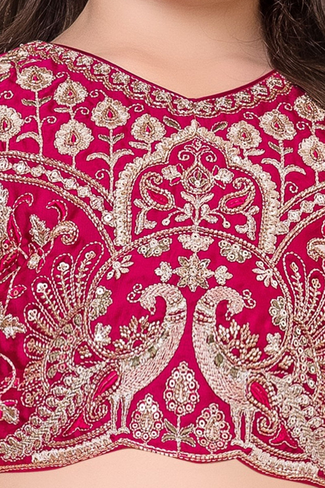 Rani Pink with Cream Beads, Zari and Sequins work Lehenga Choli for Girls