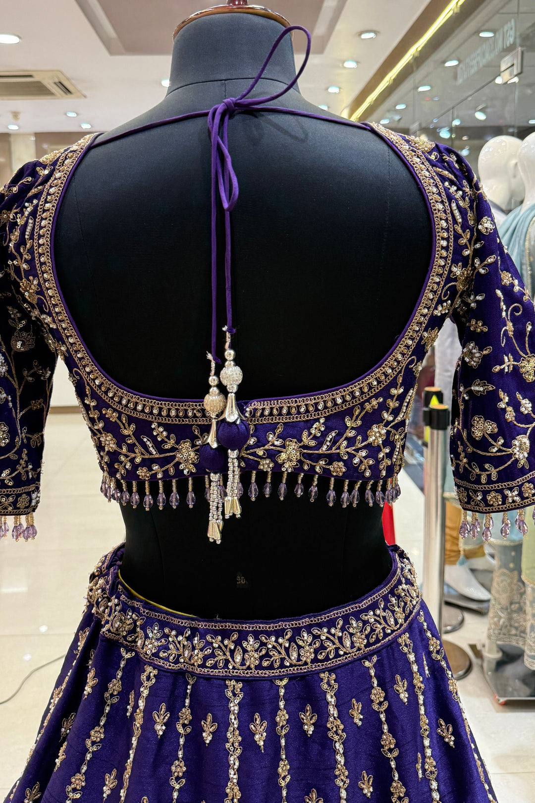 Purple Beads, Zari, Zardozi and Sequins work Crop Top Designer Bridal Lehenga with Belt