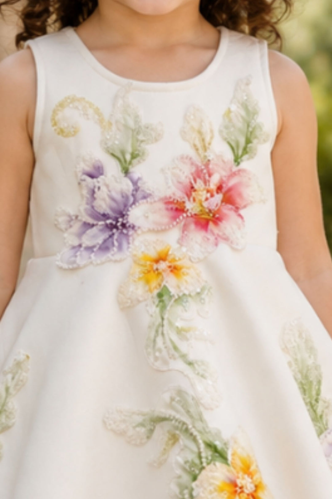 Half White Beads and Floral Applique work Short Partywear Frock for Girls