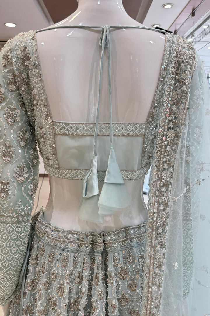 Aqua Blue Beads, Sequins and Zari work Crop Top Designer Bridal Lehenga