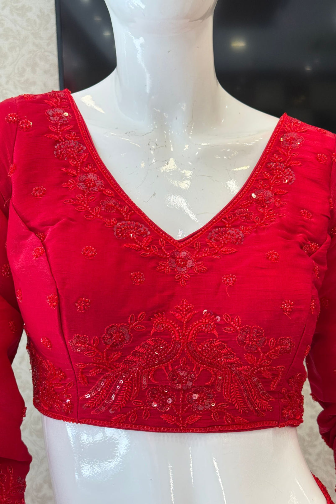 Red Beads, Thread and Sequins work Saree