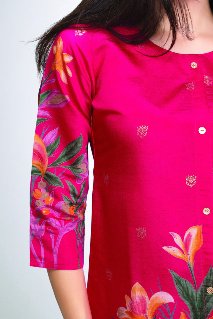 Rani Pink Floral Print Short Kurti