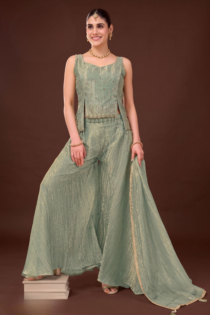 Sea Green Beads and Stone work Palazzo Set