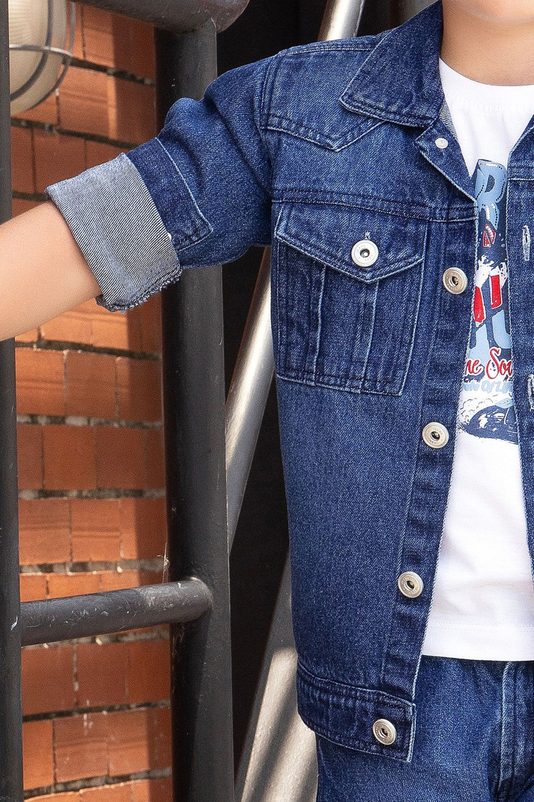 Dark Blue with White Printed Blazer, T-Shirt and Pant Set for Boys with Belt