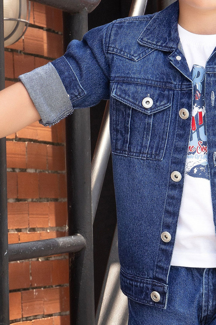Dark Blue with White Printed Blazer, T-Shirt and Pant Set for Boys with Belt