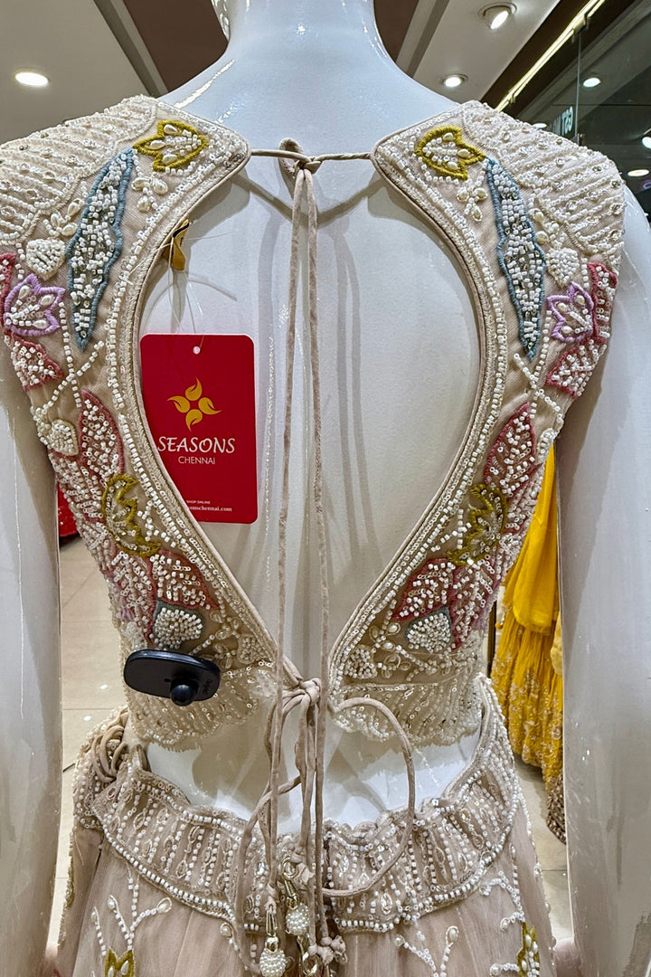 Beige Beads, Stone, Sequins, Pearl and Multicolor Embroidery work Designer Lehenga