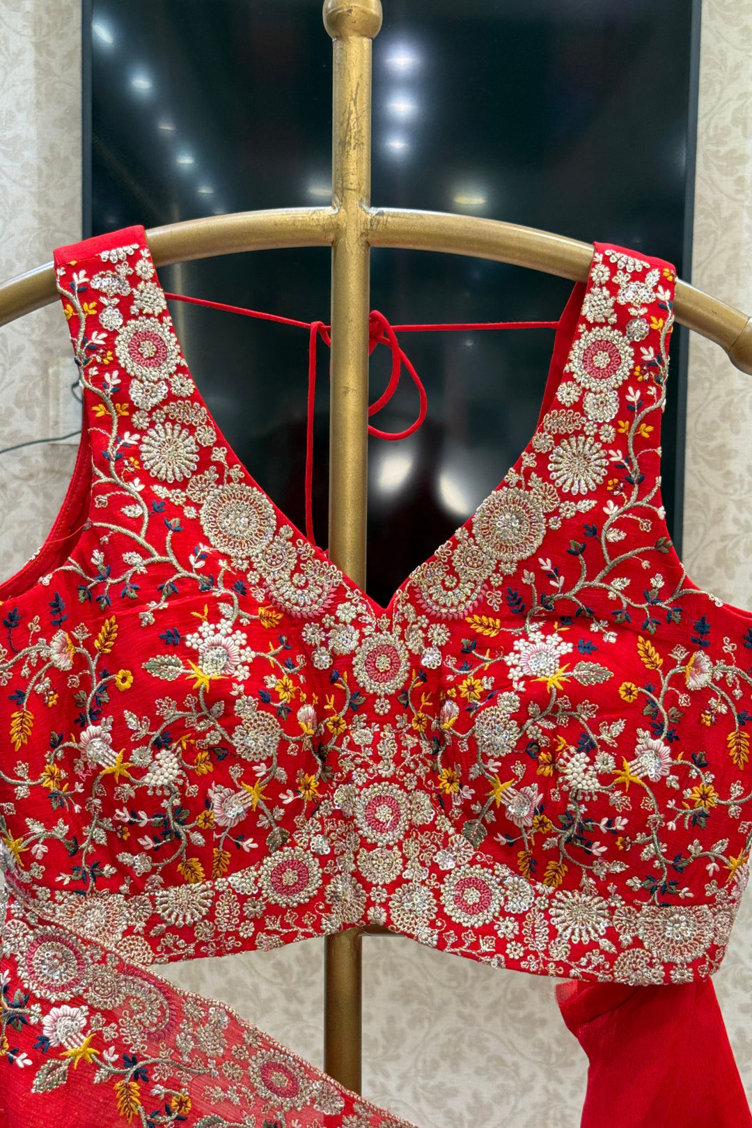 Red Saree with Multicolor Embroidery, Zari and Sequins Embellishments