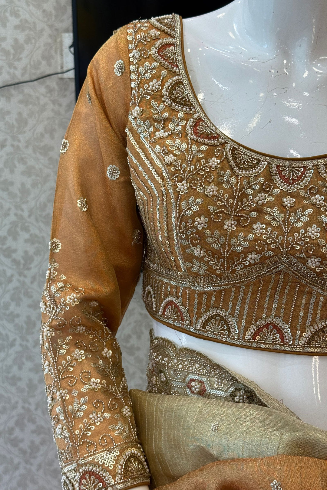 Copper Gold Beads, Sequins and Pearl work Saree