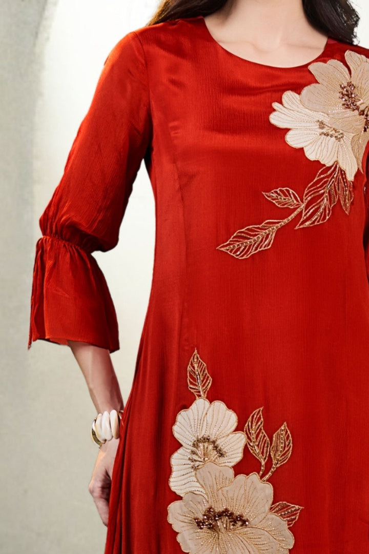 Rust Beads and Zari work Anarkali Styled Long Kurti