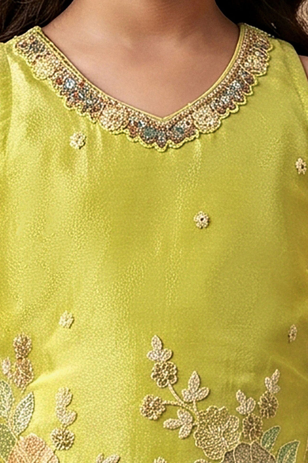Parrot Green Mirror, Stone, Beads and Sequins work Palazzo Suit Set for Girls