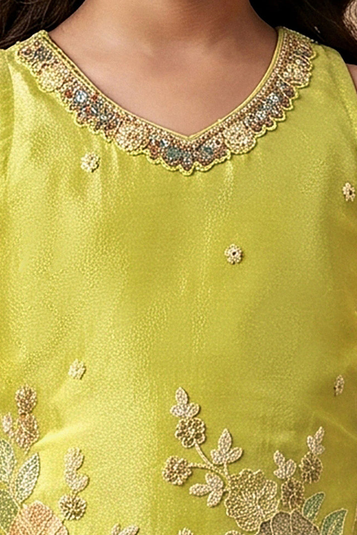 Parrot Green Mirror, Stone, Beads and Sequins work Palazzo Suit Set for Girls