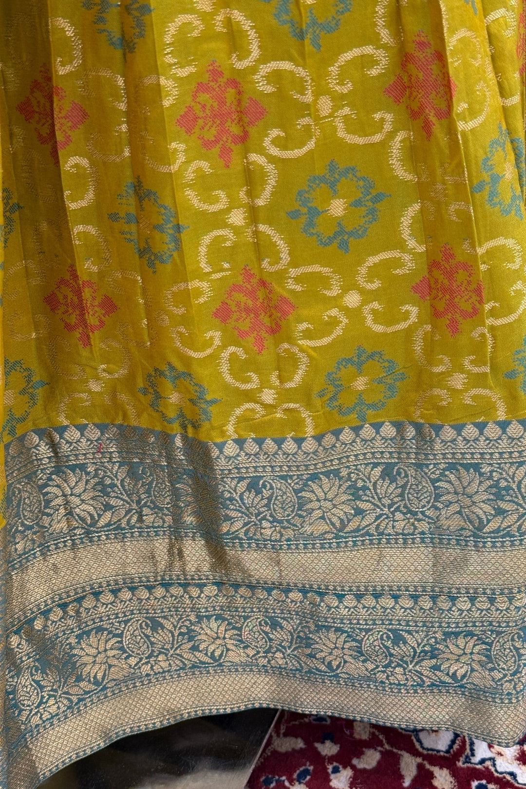 Rama Blue with Olive Green Mirror, Stone, Beads and Banaras work Lehenga