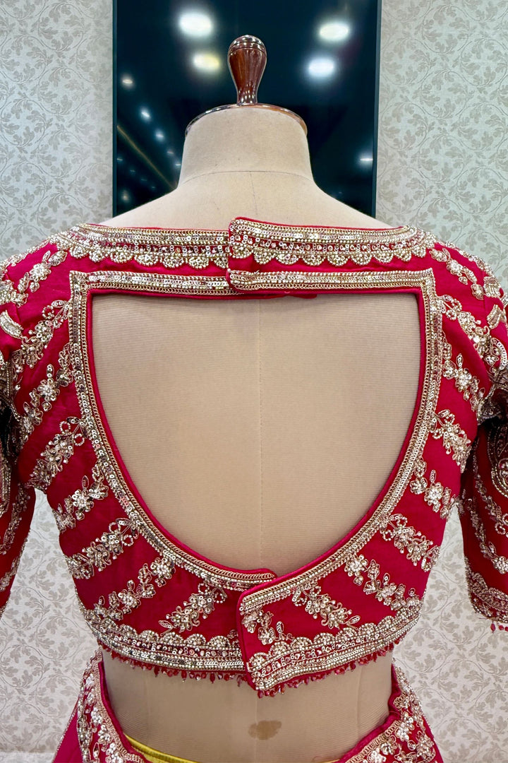 Rani Pink Zari, Sequins, Beads and Zardozi work Crop Top Designer Bridal Lehenga with Belt